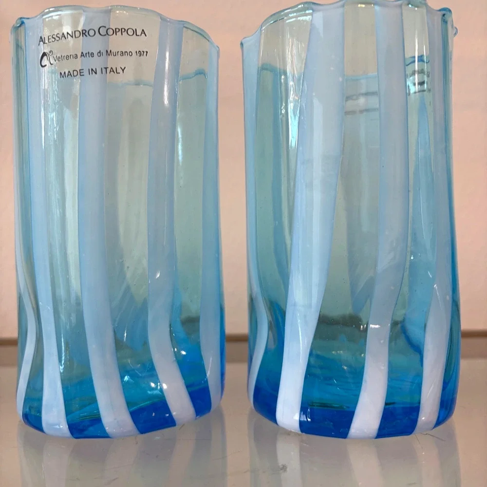 Alessandro Coppola Murano Italy Blue & White Art Glass Tumblers Set of 2 NEW